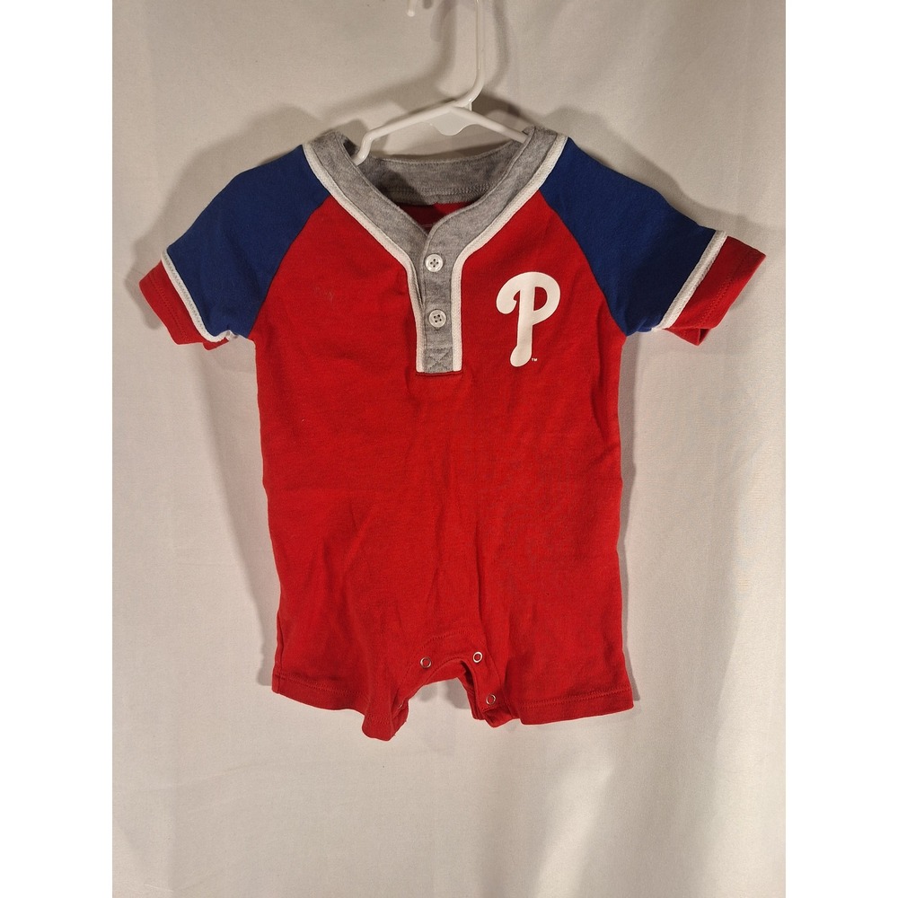 MLB Philadelphia Phillies Baby Romper Baseball Jersey Red Blue 6/9M Henley Snap